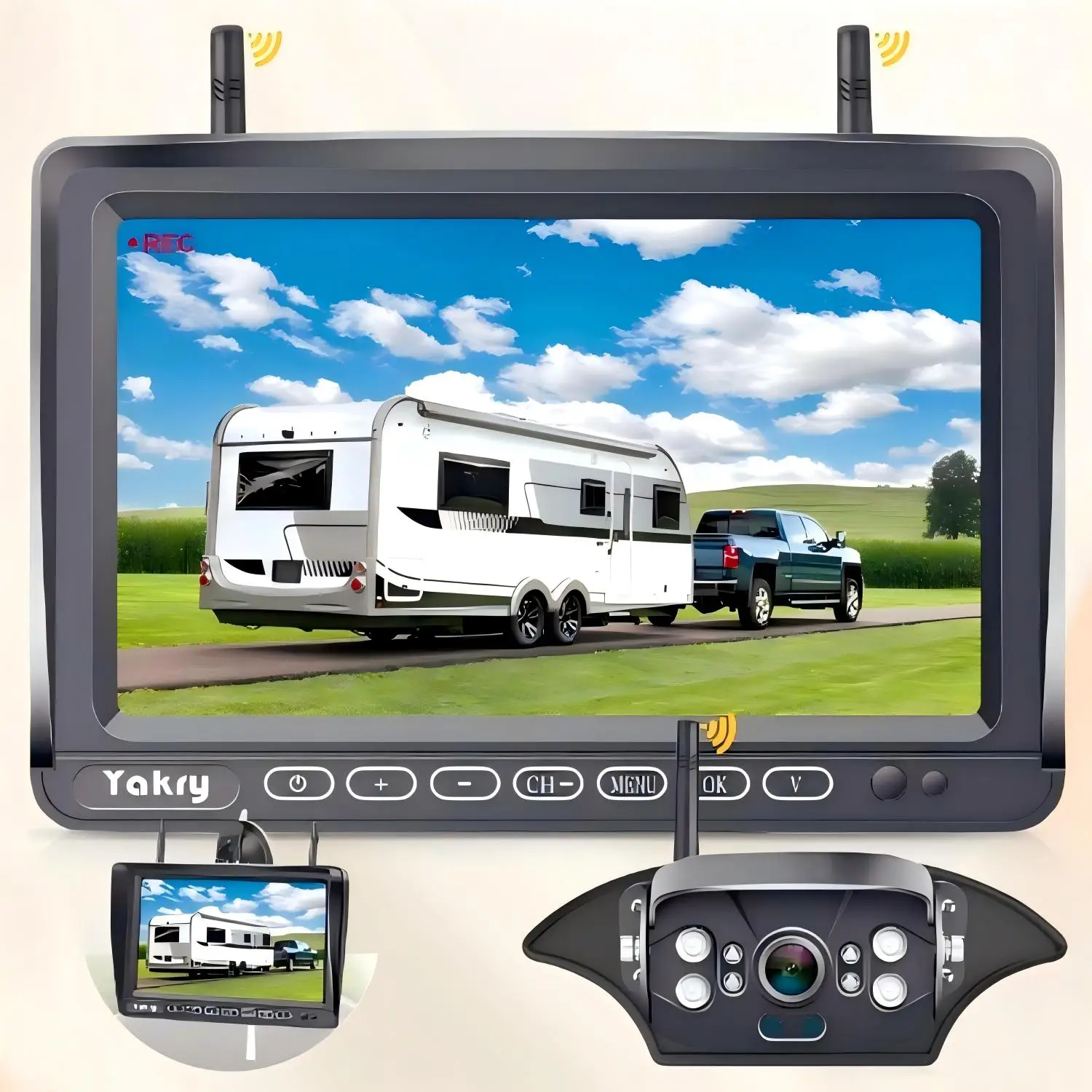 

Yakry Y27 Wireless Plug-and-Play RV Backup Camera HD 1080P 7'' Touch Key Monitor Pre-Wired Furrion System