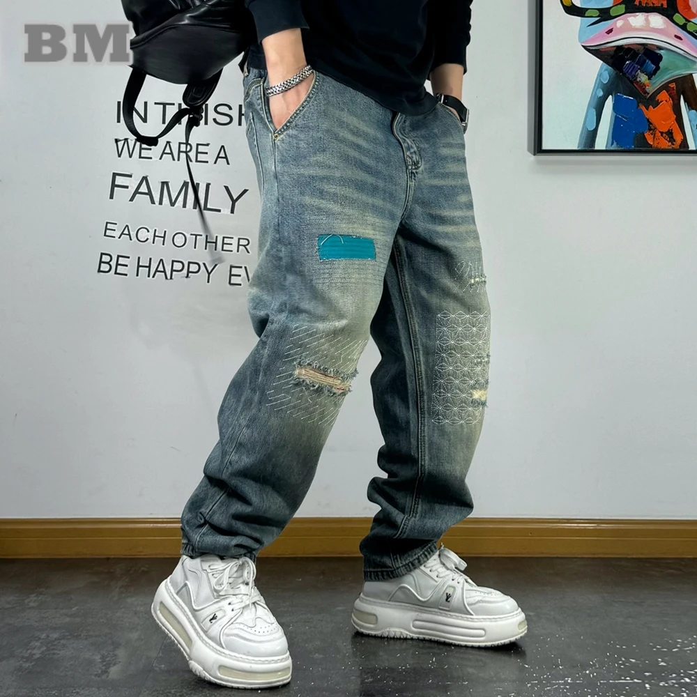 High Quality Hip Hop Ripped Patch Jeans For Men Vintage Embroidery Denim Skateboard Pants Streetwear Straight-Leg Trousers Male