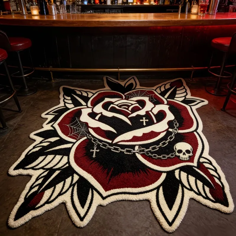 Amerikanischer Retro-Rosen-Totenkopf Spezialform-Teppich Kreativer Unregelmäßiger Wohnzimmerteppich Heimdekoration Schlafzimmer Bettvorleger