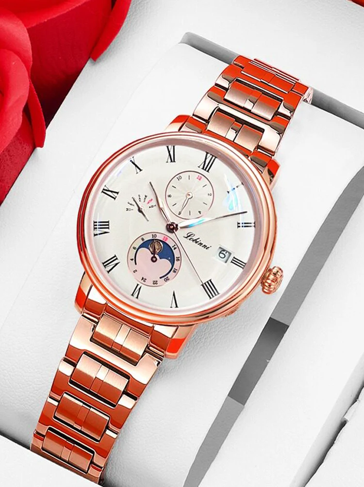 LOBINNI Women's Automatic Mechanical Watch Luxury Switzerland Sapphire Crystal Steel Moon Phase Multi-function Clock L2075L-1