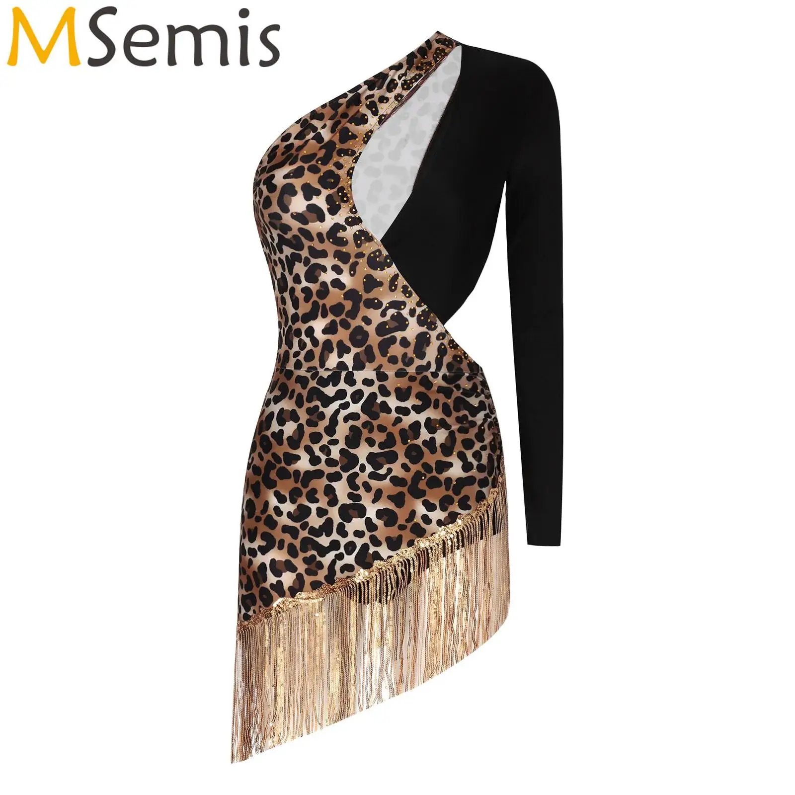 

Adults Womens Print Latin Dance Performance Costume Rhinestones Adorned Sequins Tassel Ballroom Dance Dress Practice Clothing