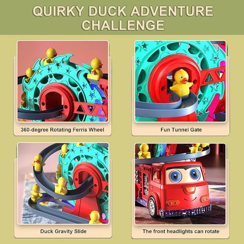 Fire Rail Car with 3 Ducks Climbing Toy with Lights/Music, Baby Electric Duck Stair Climbing Toy Set, Duck Ladder Slide Toy Baby