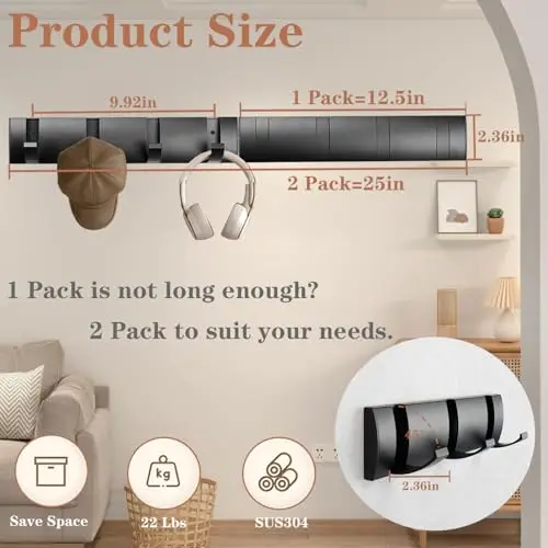 

Stainless Steel Wall Mounted Retractable Coat Rack With 8 Folding Hooks For Entryway Bathroom Towel And Clothing Storage Black