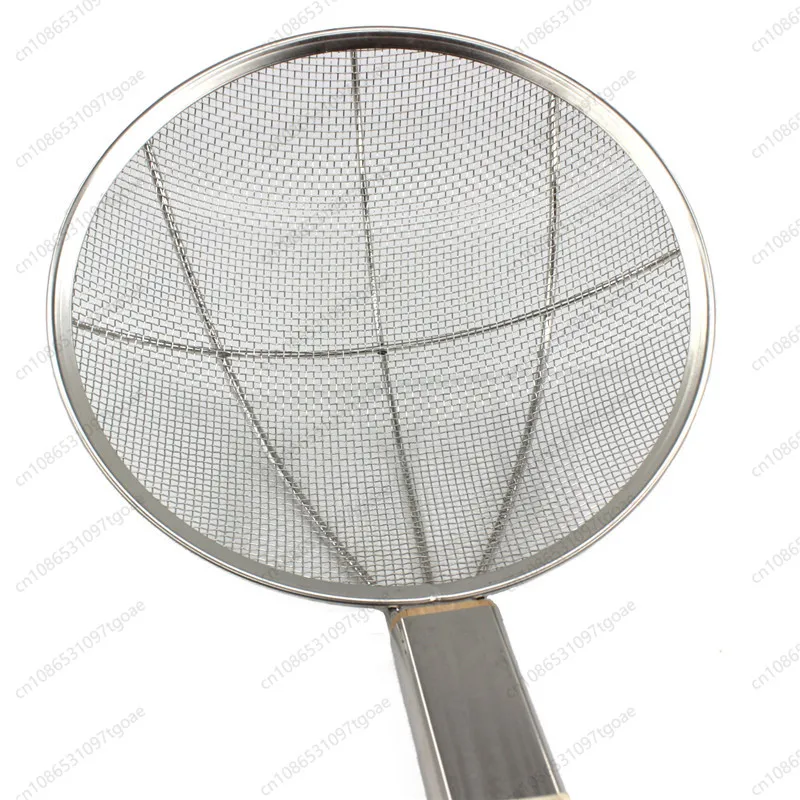 Stainless steel colander with bold wooden handle, steel wire frying, commercial large long handle frying spoon filter