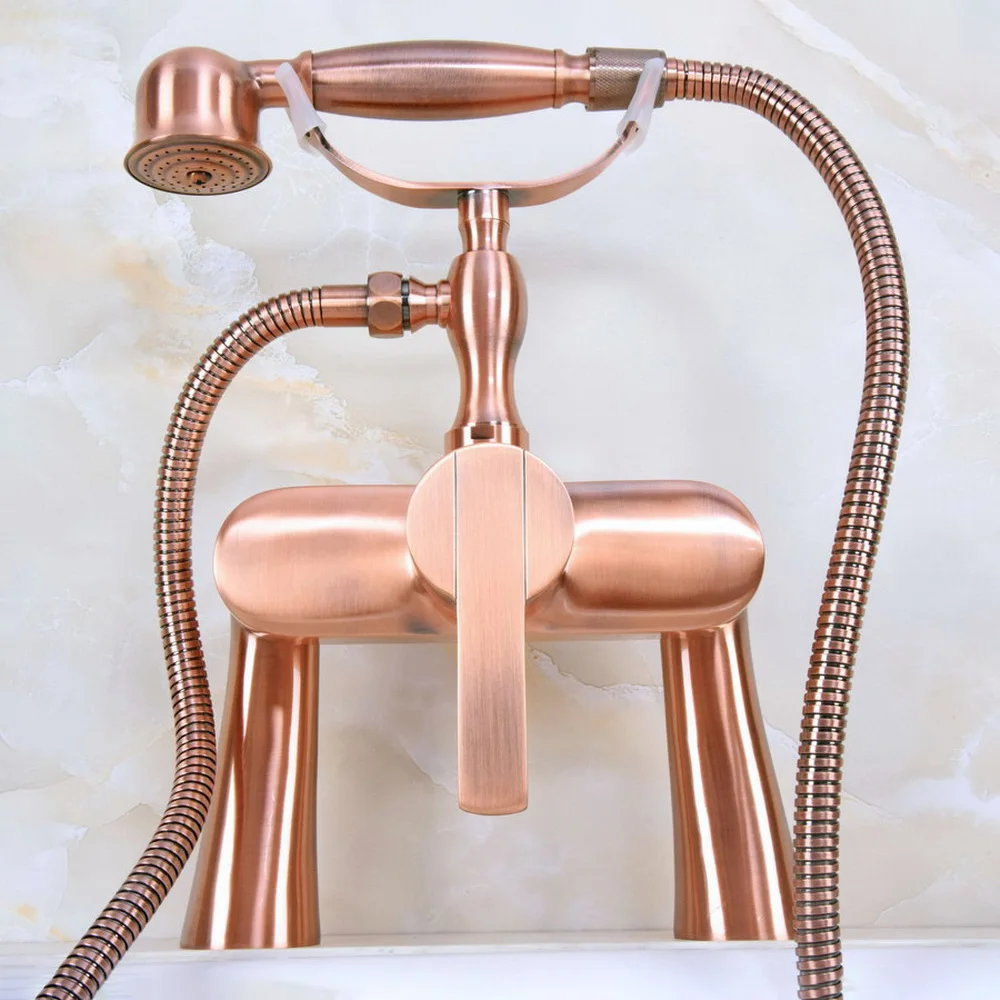 

Antique Red Copper Single Handle Deck Mounted Bathroom Bath Tub Faucet Set with 1500mm Hand Held Shower Spray Mixer Tap 2na156