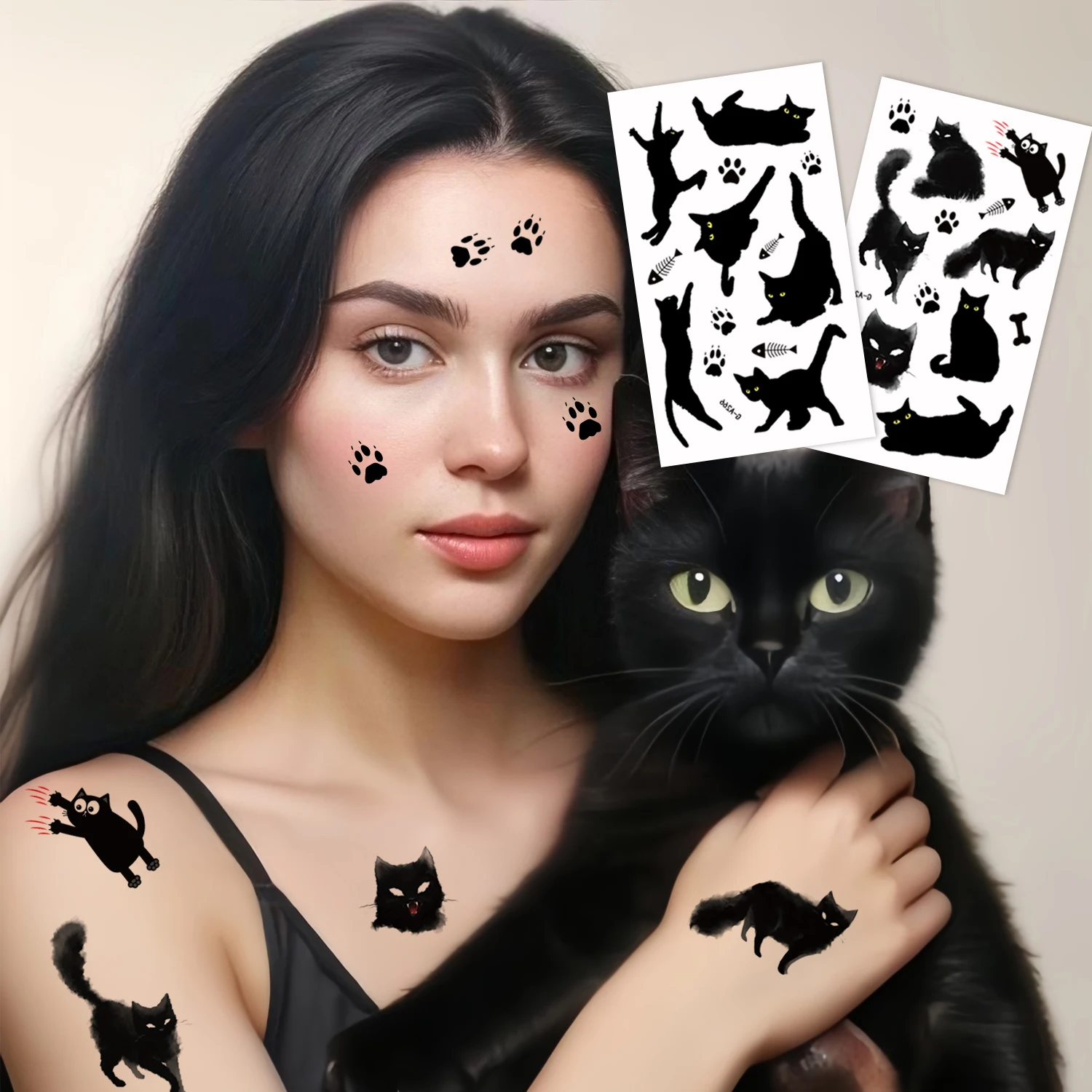 

Временные татуировки черного кота, с принтами лап и рыбными костями, тематические принадлежности для украшения вечеринок, 2 листа.