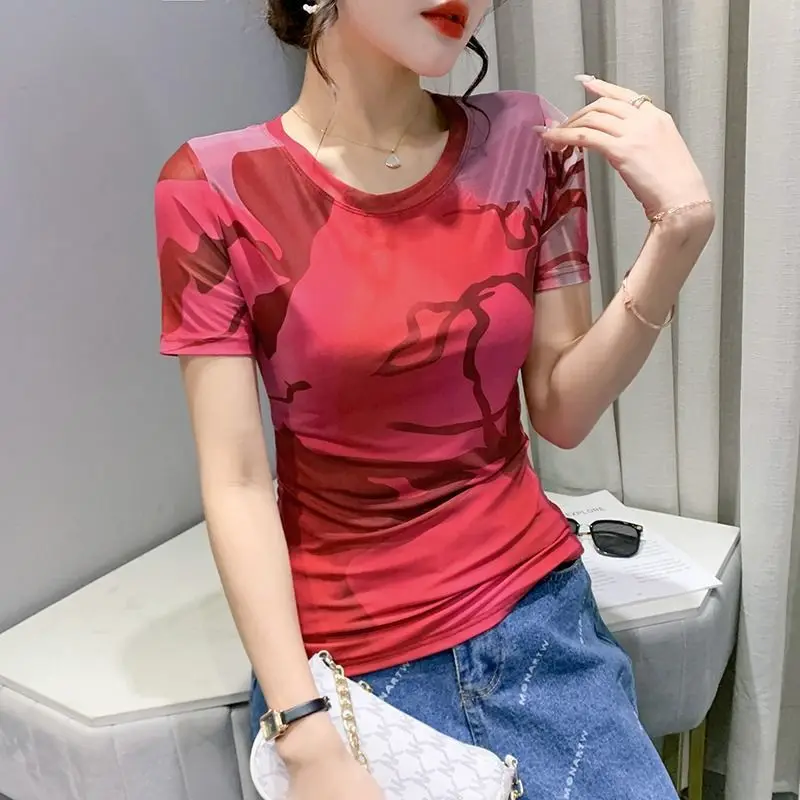 Women's Clothing Summer New Fashion Commuter Geometric Printed Tie Dye Round Neck Short Sleeve Slim All-match Chic T-shirts Tops image 4
