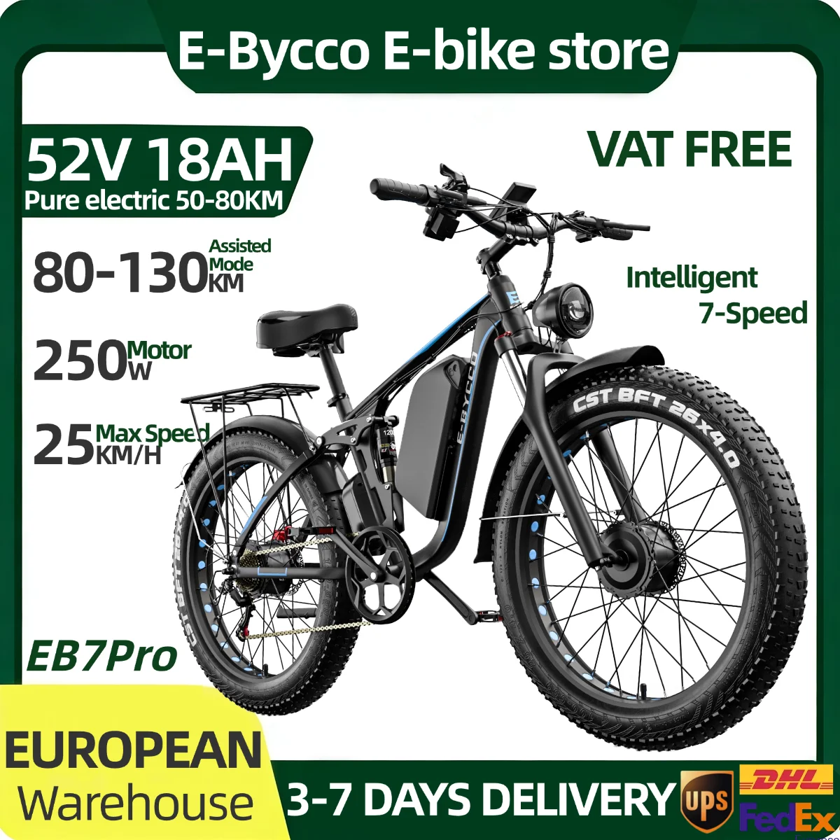 Vélo électrique tout-terrain E-Bycco EB7Pro 250W 52V 18AH pour adultes, moteur 250W, batterie lithium amovible, pneus larges 26x4.0 pouces, écran numérique 7 vitesses, avec garde-boue avant et arrière pour les trajets urbains et les aventures en plein air