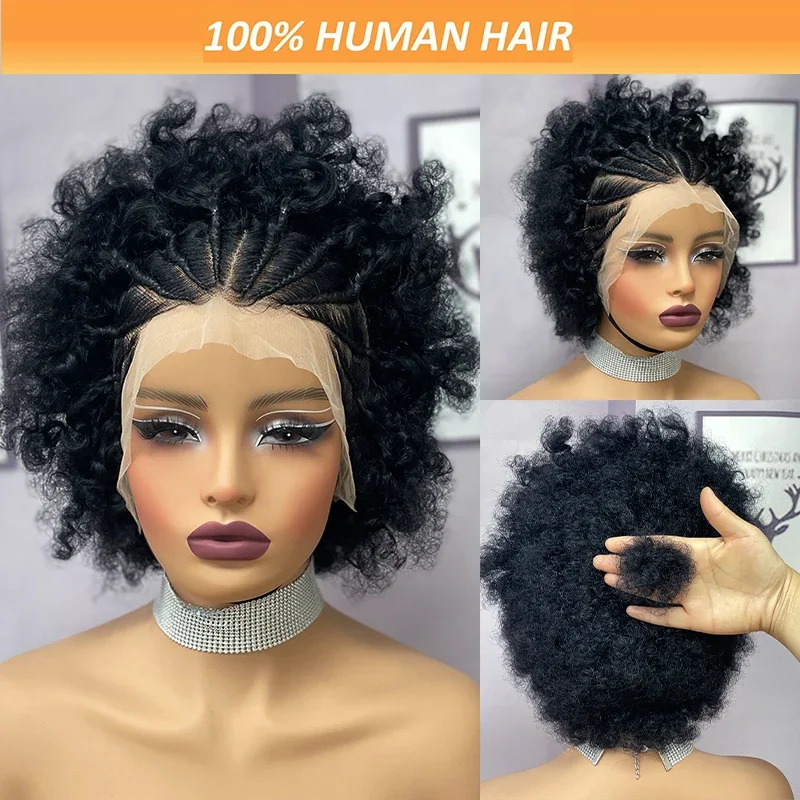 

8 Inch 13X4 Lace Front Short Afro Curly Braids Black Wig Women 100% Human Hair 150% Density Glueless Wig Beginners Friendly