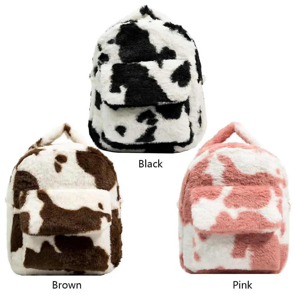 Milk Cow Pattern Cartoon Daypack Versatile Women Furry Backpack Adjustable Strap Multifunctional Shopping Backpack