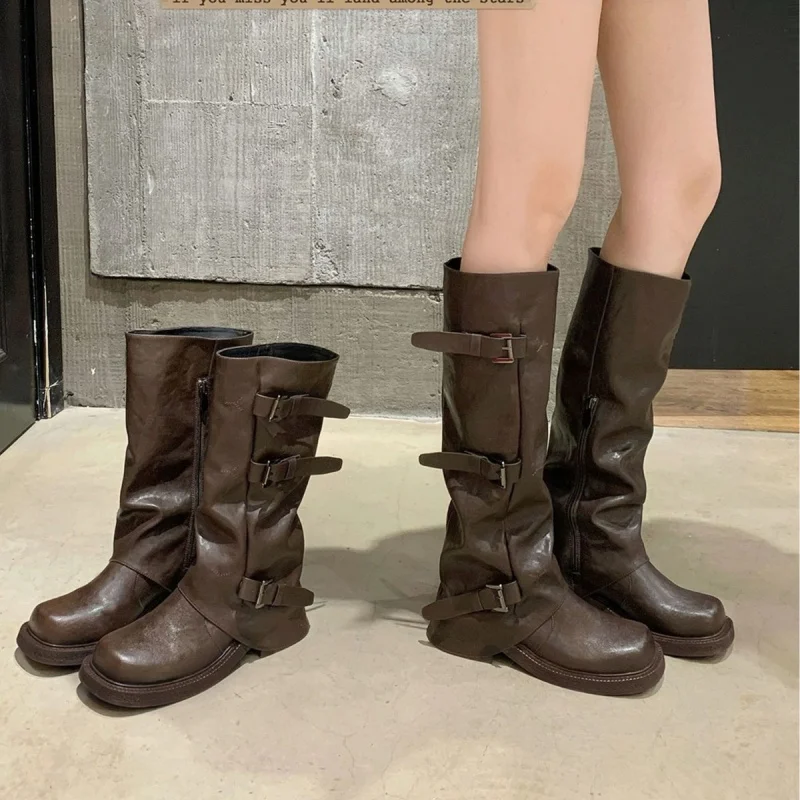 

Fashionable height increase by 6cm belt buckle pleats mid height boots leather knight boots women's pants tube boots