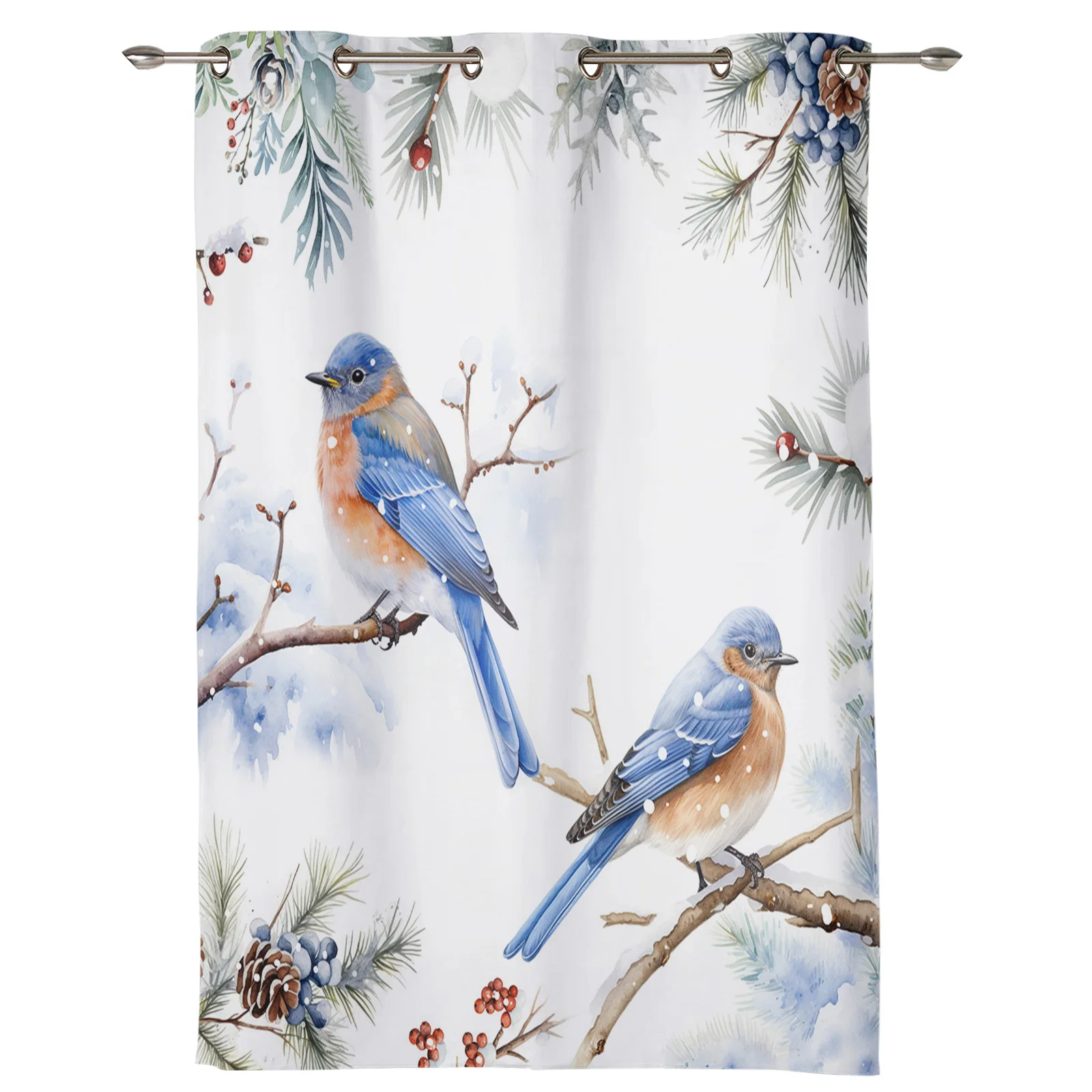 Christmas Robin Berries Pine Needles Window Curtains for Living Room Luxury Bedroom Curtains Coffee Kitchen Decor Drapes