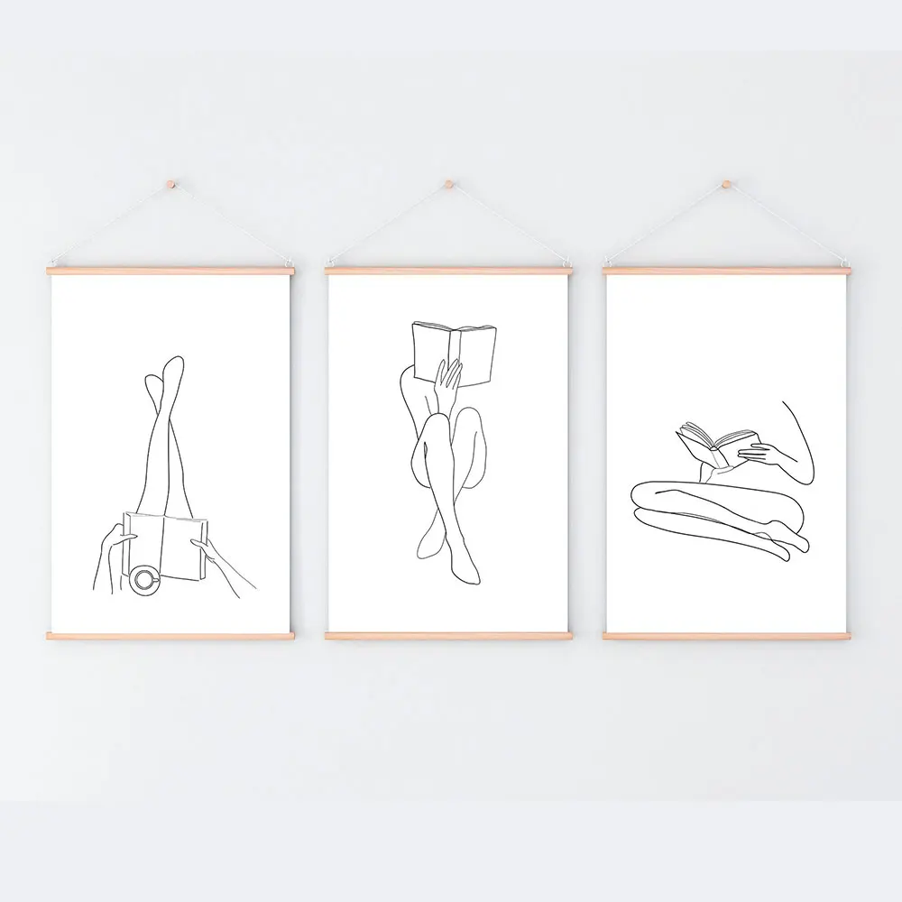 

Set Of 3 Reading Women Line Art Print and Poster Love Reading Legs Book Line Drawing Canvas Painting For Living Room Decoration