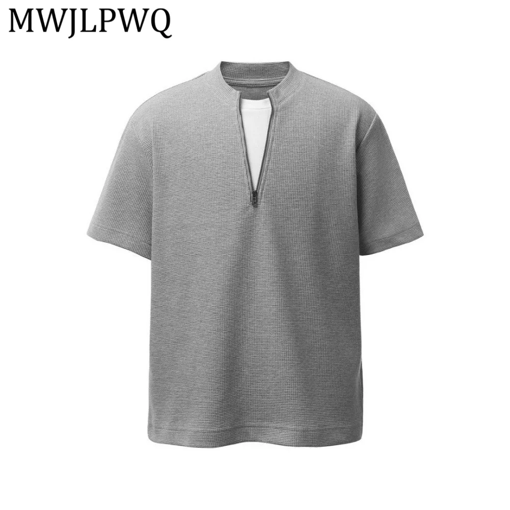 

MWJLPWQ Американская стильная мужская футболка с коротким рукавом, летняя, модная, с цветовыми блоками, круглым вырезом и молнией до середины груди, повседневный топ 13982