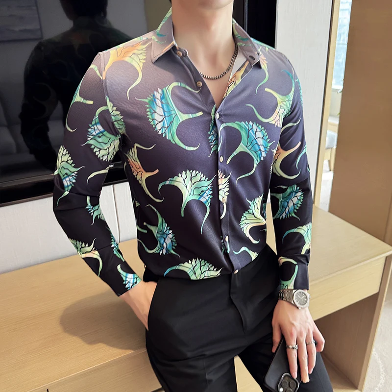

Летняя рубашка с длинными рукавами с градиентным принтом, мужская повседневная деловая рубашка без глажки, рубашка для ночного клуба, социальная уличная одежда, мужская одежда
