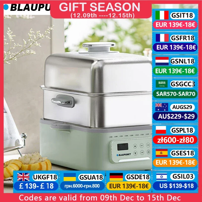 BLAUPUNKT 220V Electric Steam Pot 1500W Fast Heating Fish Seafood Steaming Cooker Multifunctional 13.5L Stainless Steel Steamer