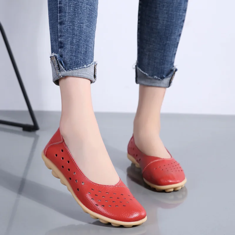 Genuine Leather Women Flats New Cut-Outs Summer Shoes Woman Hollow Women's Loafers Female Solid Shoe Large Size35-44
