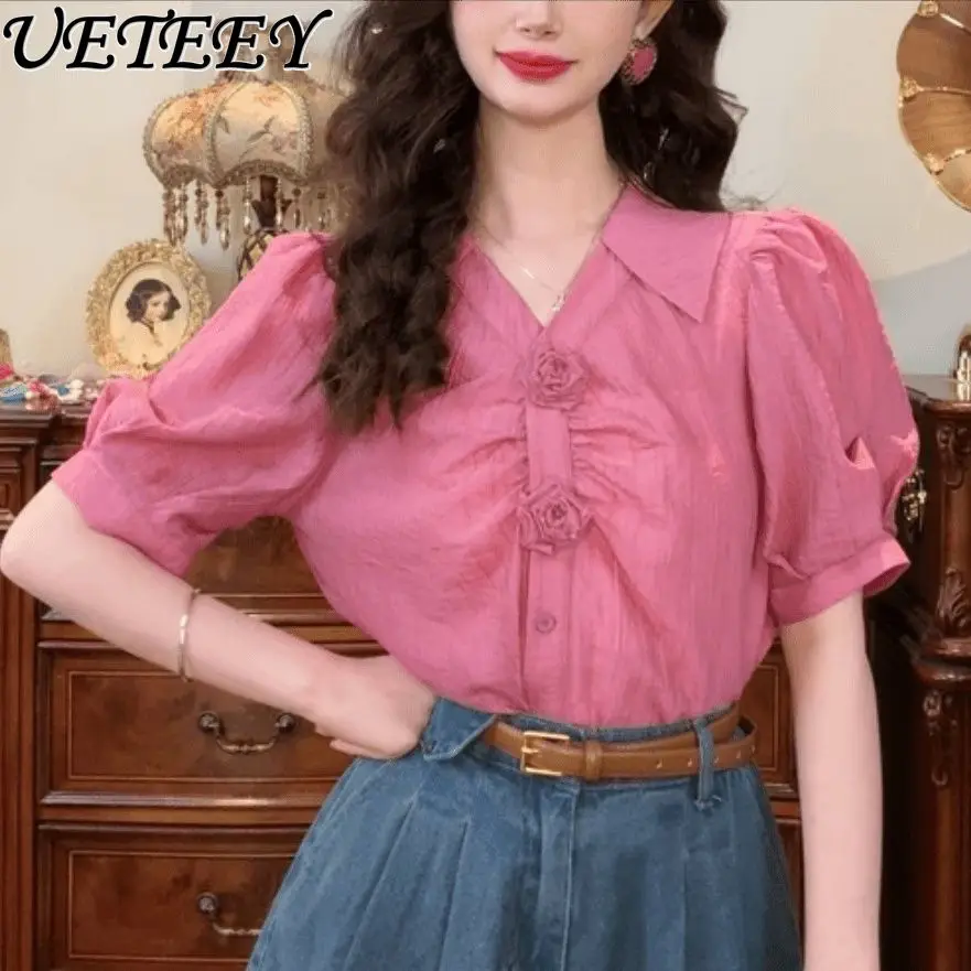 

French Three-dimensional Flower Short-sleeve Shirt Women's New Summer Clothes Temperament Top Blouse V-neck Pink Camisas Tops
