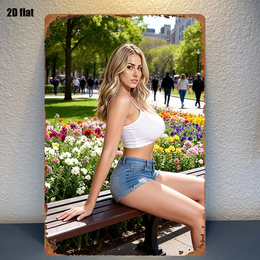 1pc Vintage Woman with Flower Bed Metal Sign 8x12in - Classic Art Decor, Vibrant Outdoor Theme, Easy Wall Mount for Bedroom Home