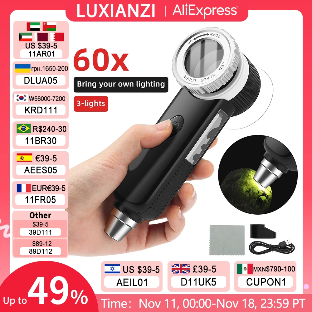 luxianzi lupa usb recarregavel com luzes led uv para idosos leitura de joias lupa apreciacao joias 60x 01