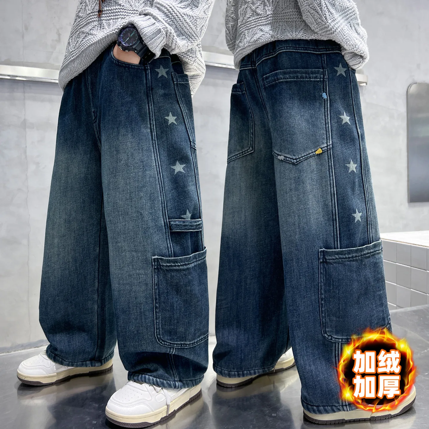 Boys Hip Hop Star Print Cargo Jeans Kids Fleece Lined Wide Leg Denim Pants Elastic Waist Warm Streetwear Trousers Blue 5-14Y