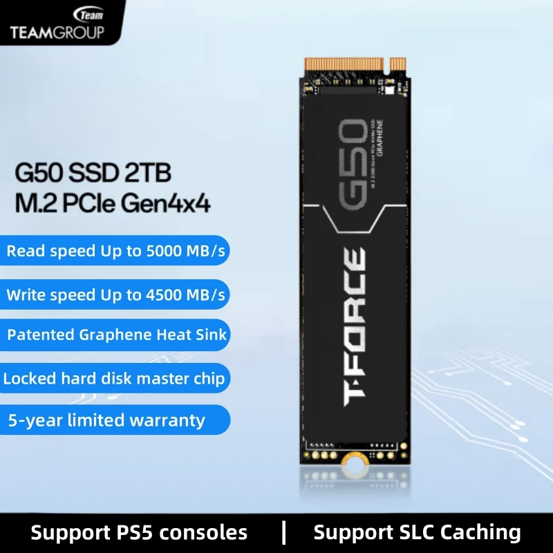 TEAMGROUP T-Force G50 2TB SLC Caching 3D TLC NAND NVMe InnoGrit PCIe Gen4x4 M.2 2280 Gaming SSD with Ultra-Thin Graphene Heat