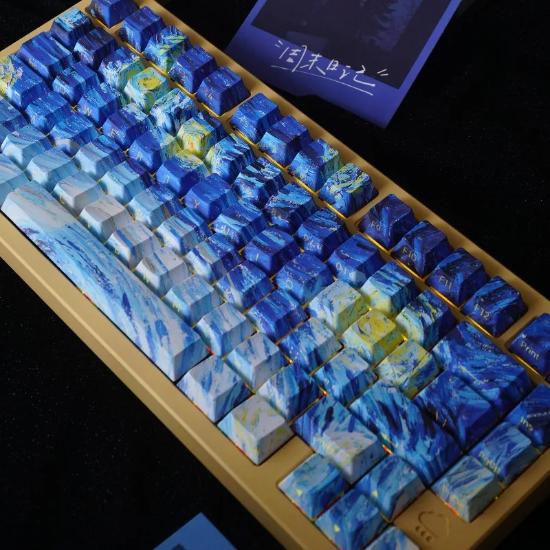 Nuit étoilée PBT sur le rivière du rhin, capuchons de touches à cinq faces, par sublimation thermique, gravure avant et latérale, clavier mécanique cerise