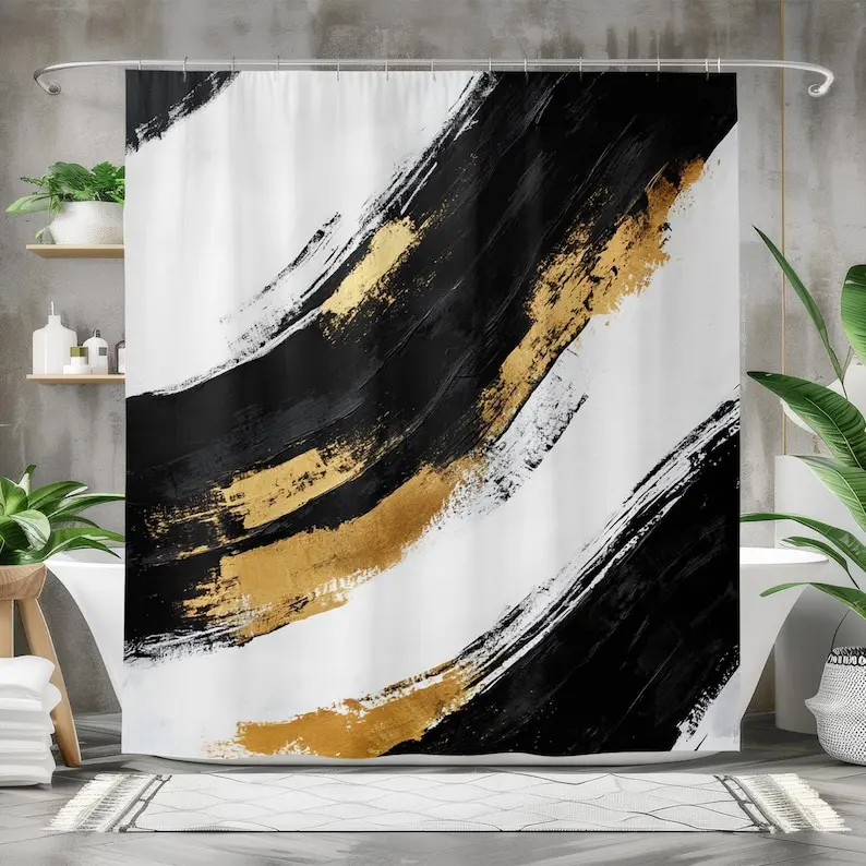 

Modern Black Gold Abstract Shower Curtain, Waterproof Fabric Bath Curtain, Bold Bathroom Decor Luxury Artistic Design