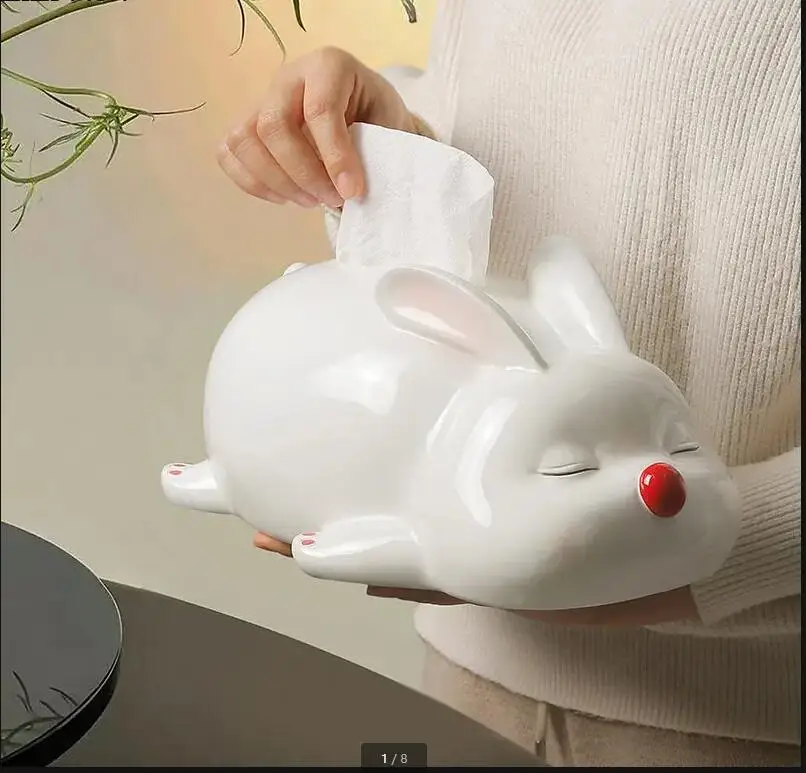 Cute Rabbit Tissue Box Living Room Table Handicraft Storage White Resin Nordic Home Decoration Art