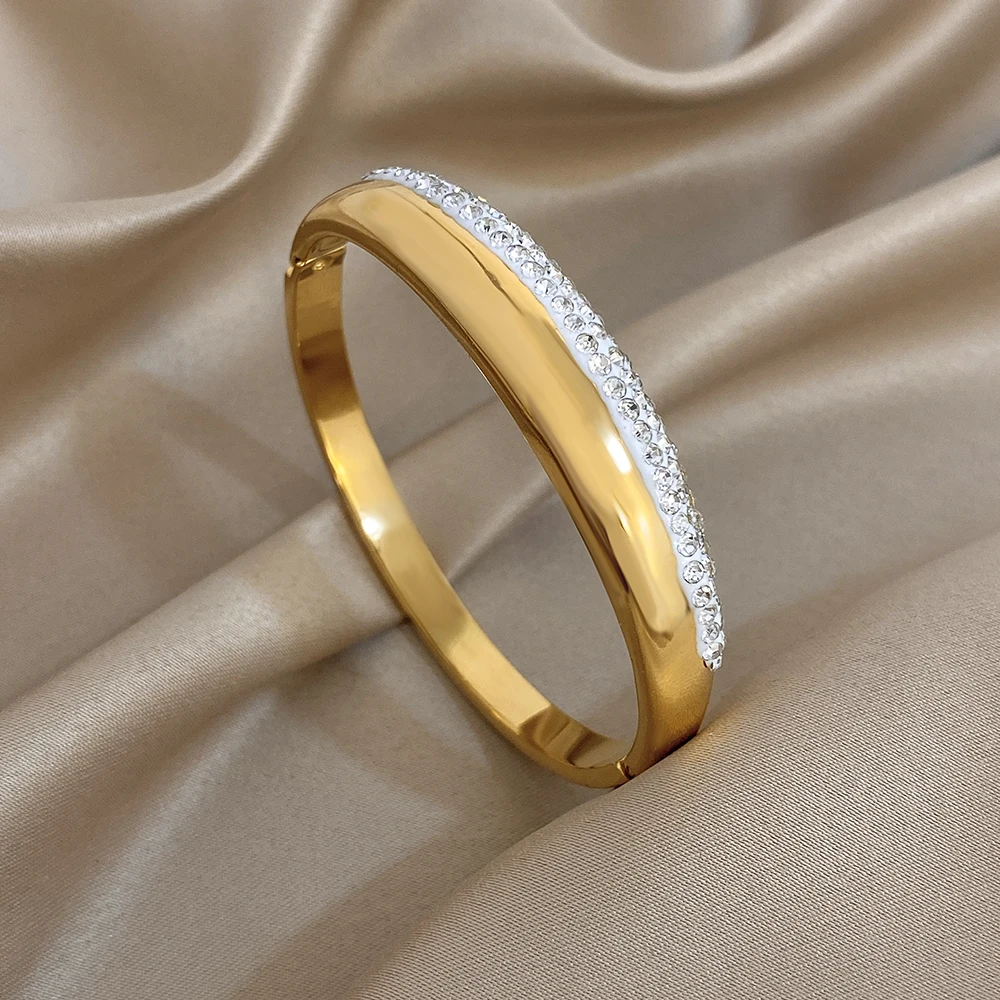 

DODOHAO Luxury Sparkling Rhinestone Stainless Steel Bracelet Women New Geometric Round Open Spring Wide Bangle Wedding Jewelry