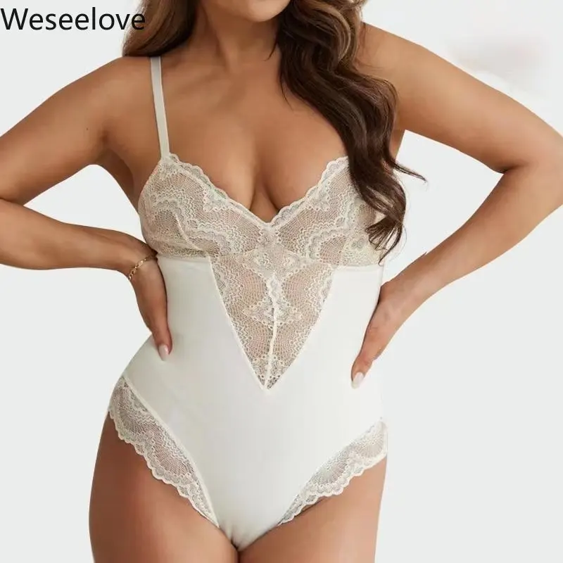 Sexy Women\'s Sleeveless Transparent Deep V Neck Lace Slim Skinny Lingerie Bodysuit Femlae Leotard Nightwear Underwear Sleepwear