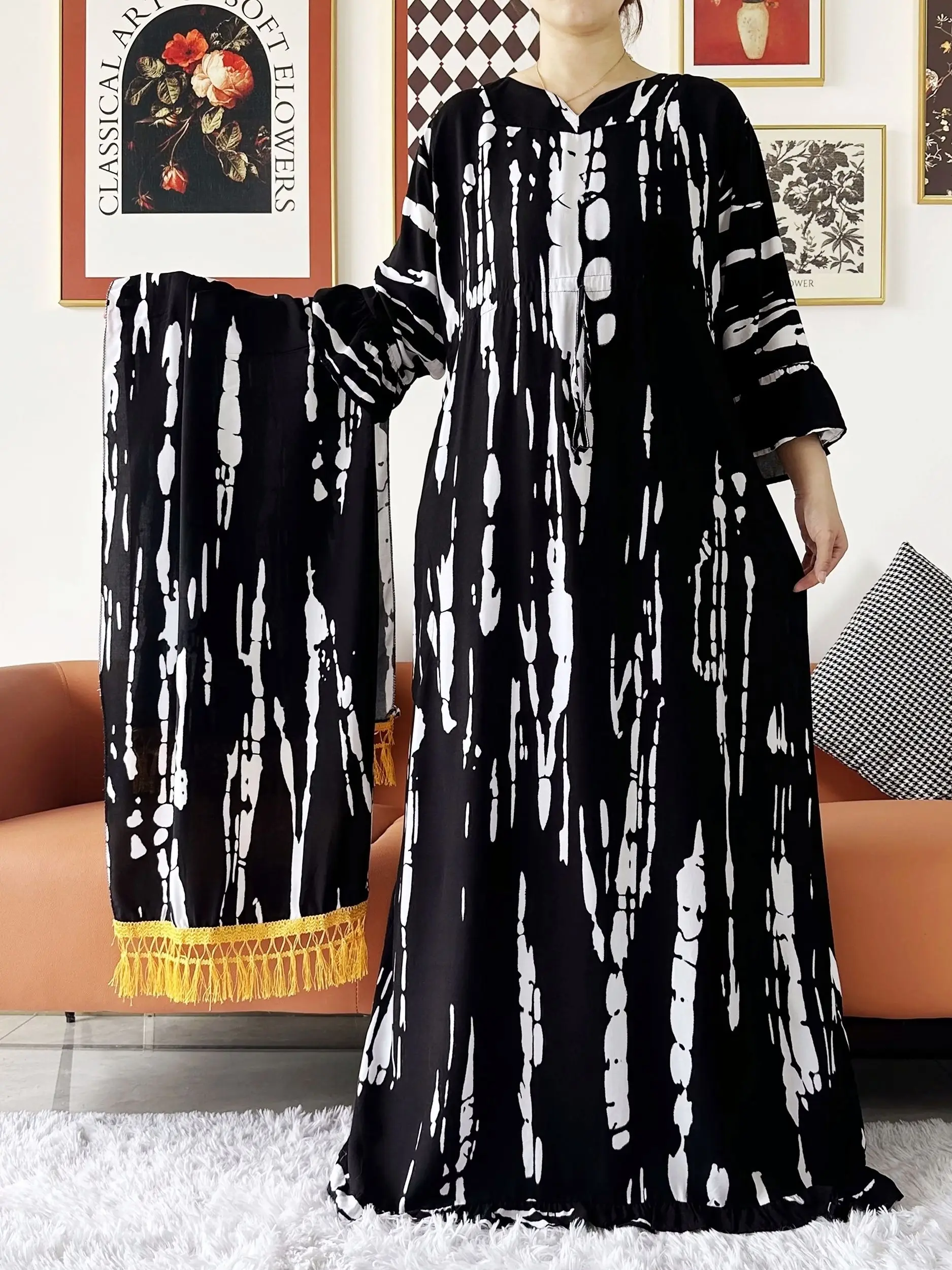 

2024 New African Women Long Sleeve Abaya Dashiki Cotton Floral Dress Printing Loose Caftan Dress with Scarf Casual Vestido