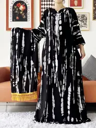 2024 nuove donne africane manica lunga Abaya Dashiki cotone abito floreale stampa abito caftano allentato con sciarpa Casual Vestido