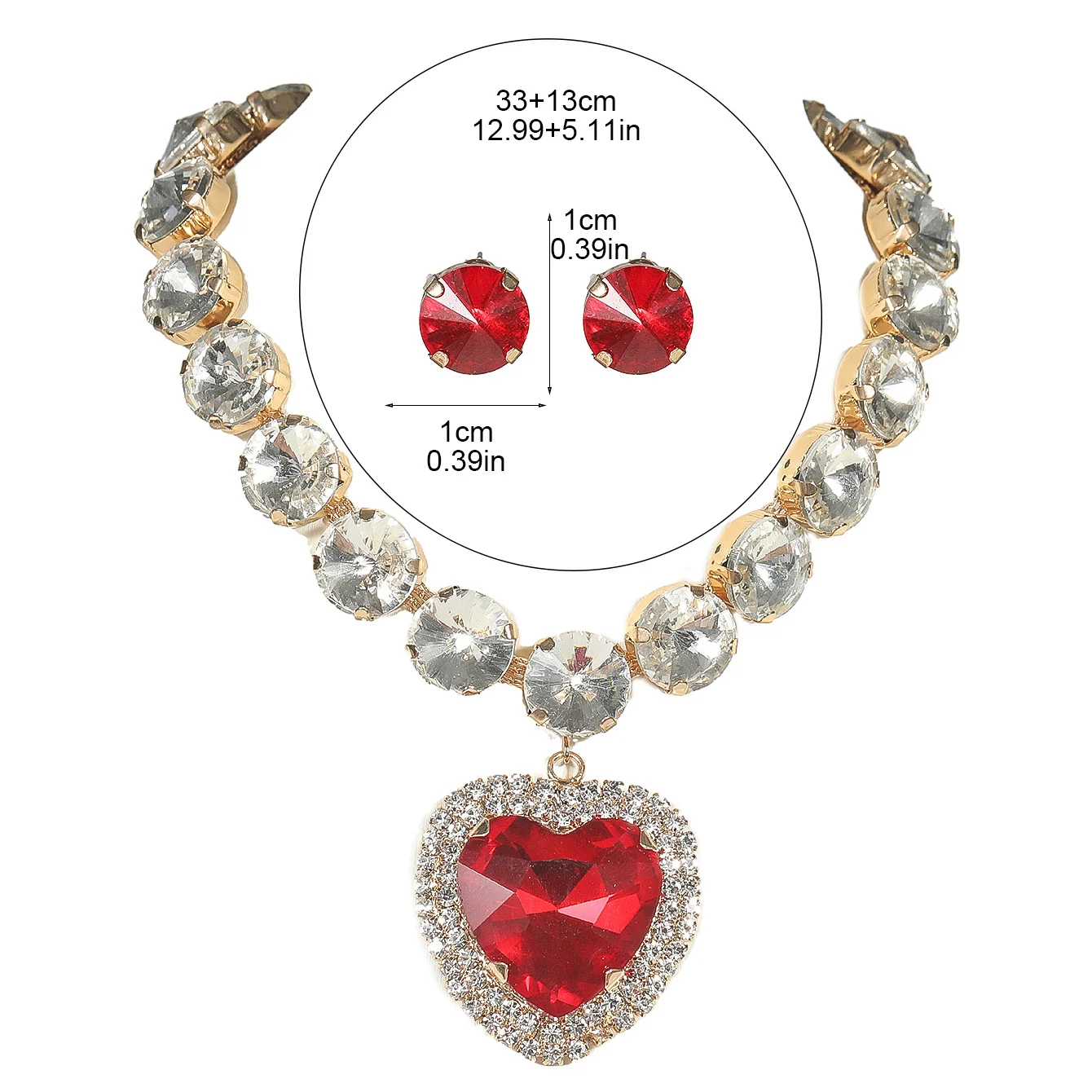 Chargances Big Heart Crystal Pendant Choker Red Statement Rhinestone Necklace Short Dainty Jewerly sets for Women and Girls