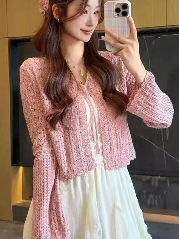 Pink Versatile Hollow out Knitted Cardigan Women's Spring Summer Loose Slimming Sun Protection Cover up Top Gentle Wind Style