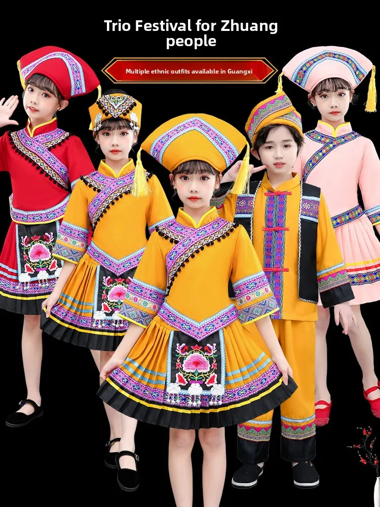 

Новая детская одежда в этническом стиле Чжуан 2026 года, традиционный костюм для девочек из Гуанси, 100% полиэстер, онлайн-продажа