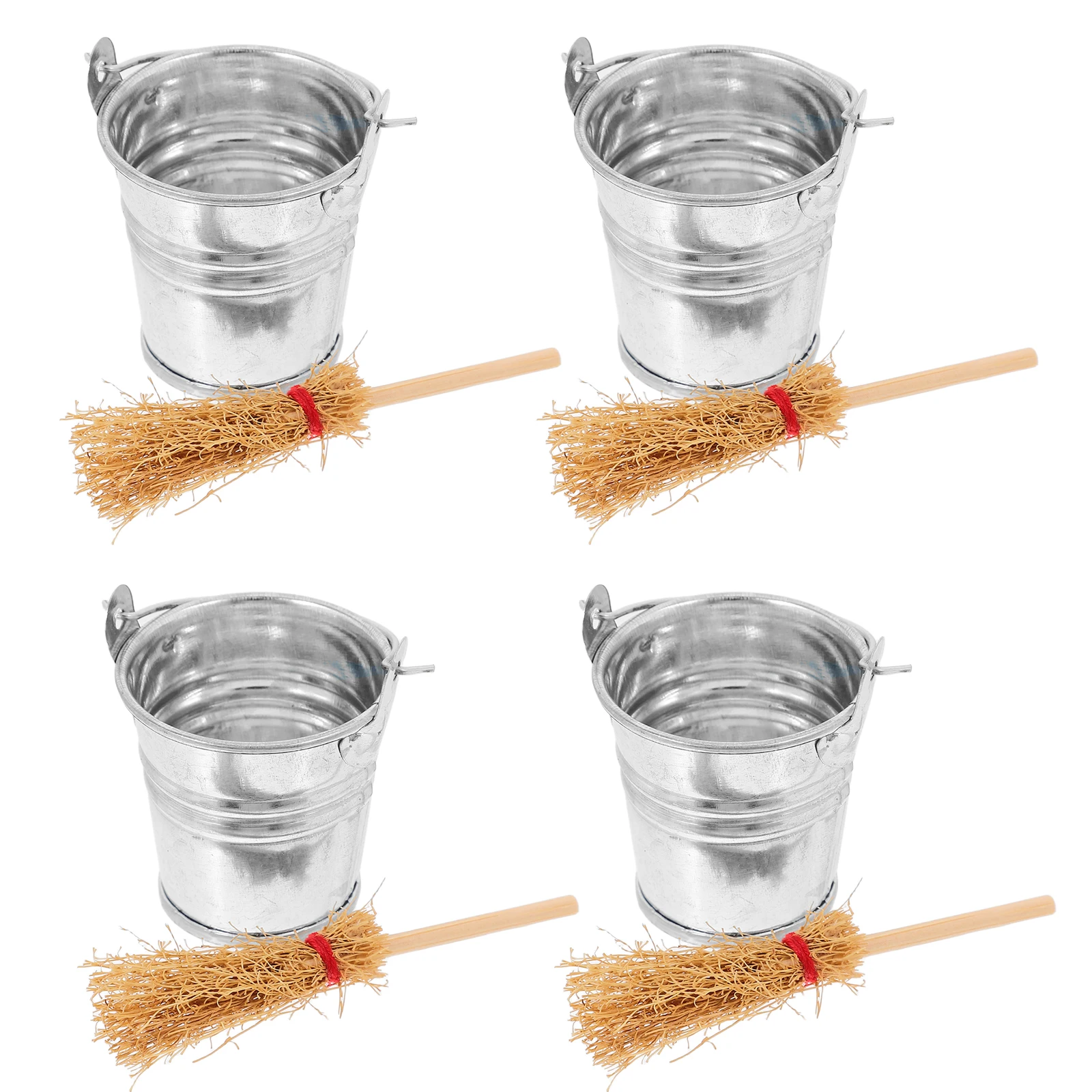 

Miniature Home Scene Decorations Broom Iron Bucket Dollhouse Items Garden Balcony Props Easy Match Unique Design Mini Scene