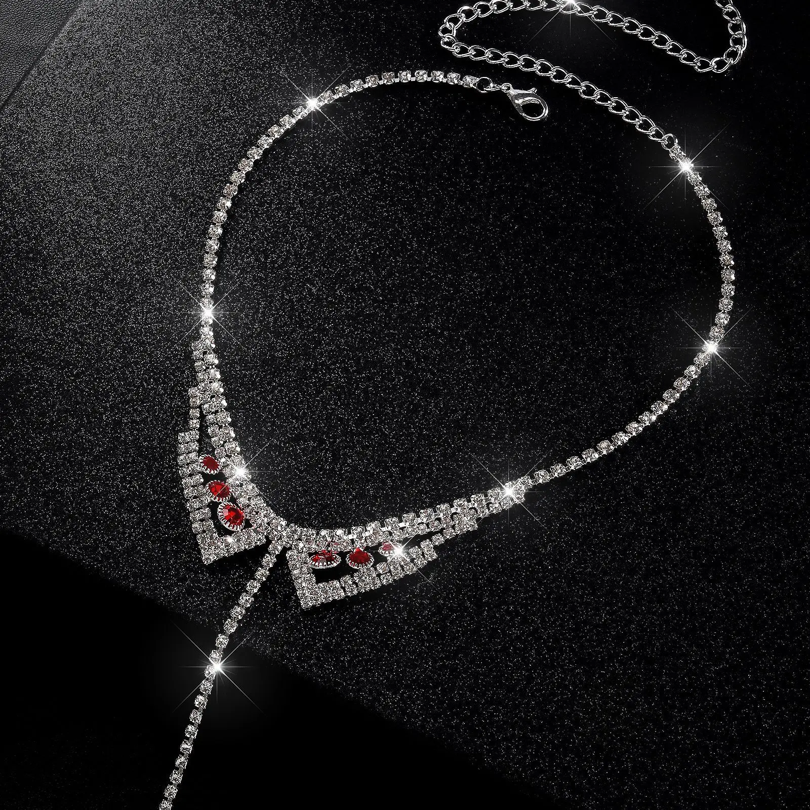 Rhinestone Red Gem Collar Body Chain Dazzling Neck To Nipple Jewelry Crystal Linked Strand Charming Corset Nightwear Ornament