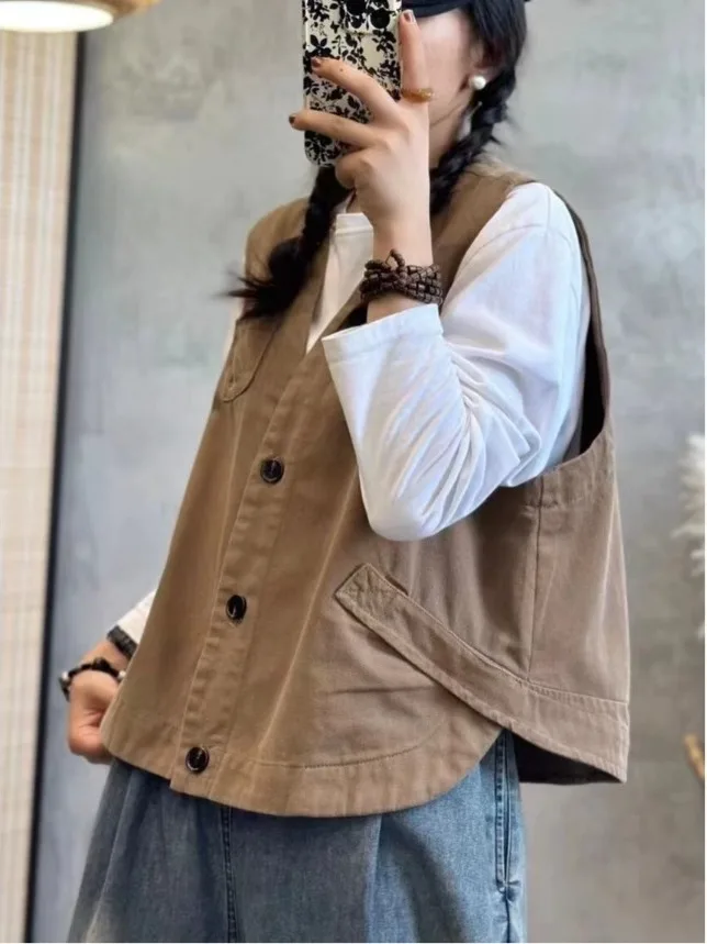 Fashionable V-Neck Sleeveless Vest Top Layering Large Size Women's Clothing Cotton Linen Material Trendy Autumn New Arrival