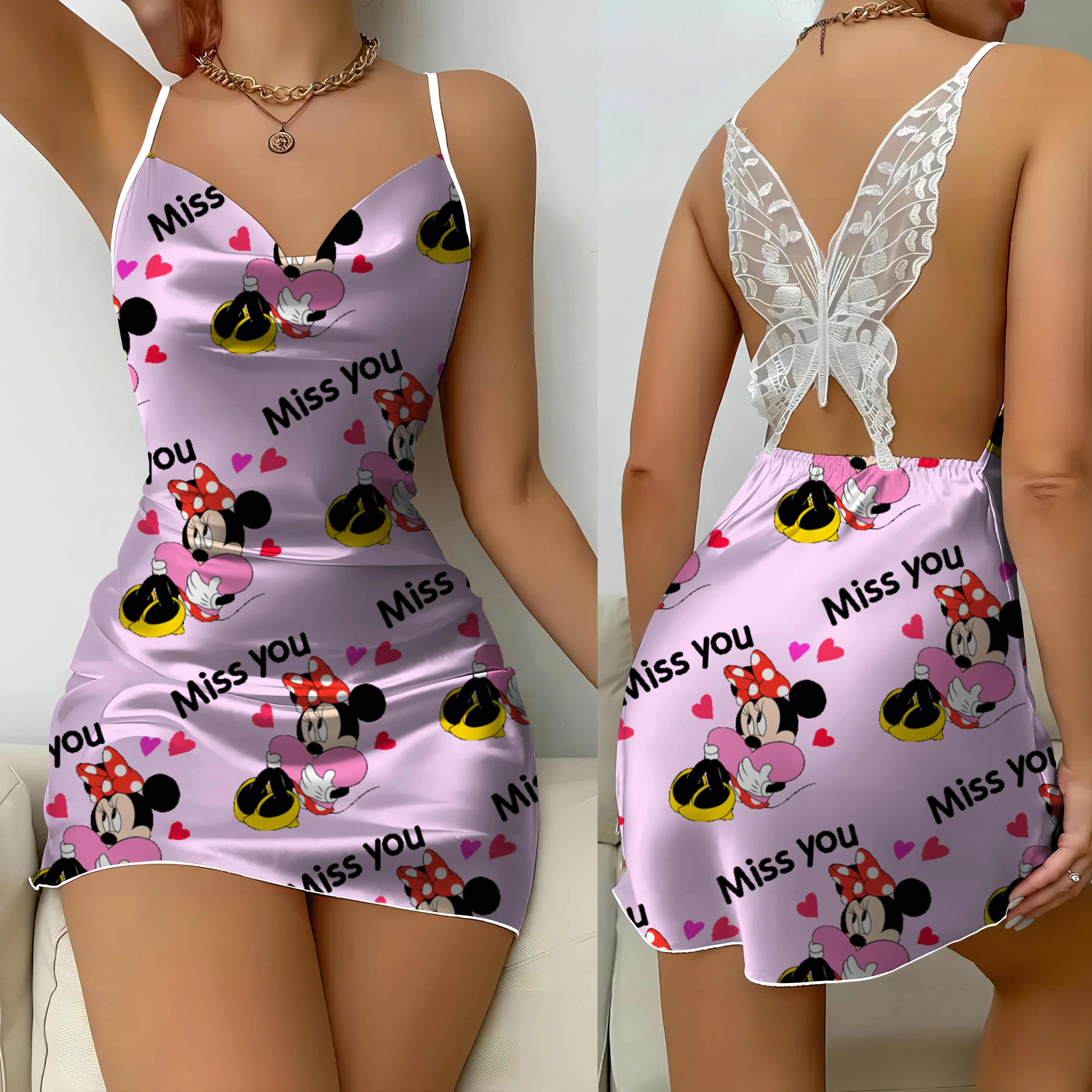 Abito estivo da donna Abiti da donna Superficie in raso Fiocco Nodo Gonna pigiama Topolino Disney Minnie Mouse Moda 2024 Party Mini Sexy