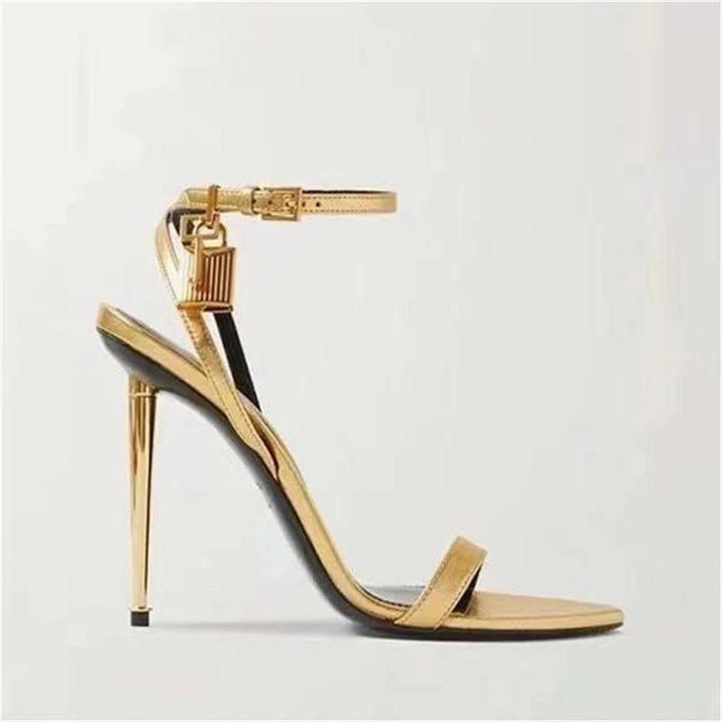 Buckle Strap Solid Color Key Lock Decoration Women Sandals Fashion Show Pointed Toe Ladies Shoes Golden Stiletto Sandals Women