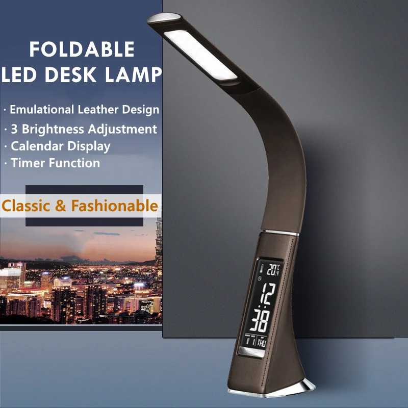 LED Desk Lamp USB Table Lamp with Calendar Temperature Alarm Clock Display, 3 Modes Lighting Adjustment, USB Reading Light