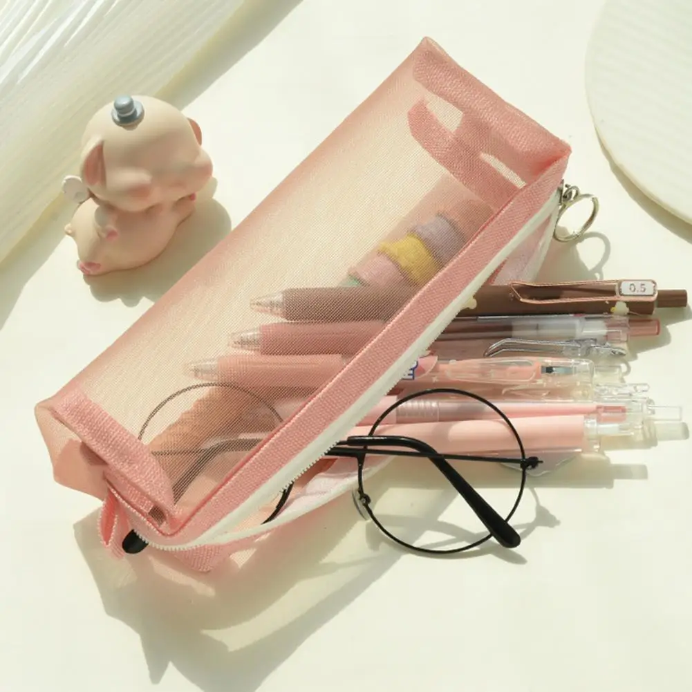 容量ペンシルケース耐久性のある広々としたアルミポーチ、ジッパー付き透明メッシュペンバッグ、学生用文房具収納用