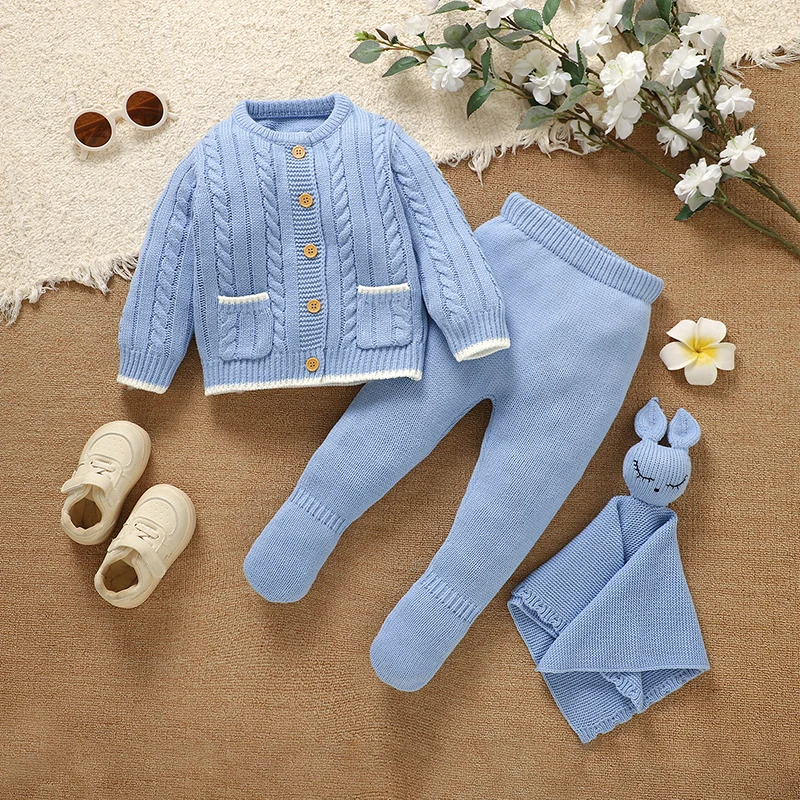 

Комплект одежды для новорожденных: синие вязаные свитера с длинными рукавами, кардиганы + брюки, наряды для младенцев, мальчиков и девочек, осенне-зимние костюмы