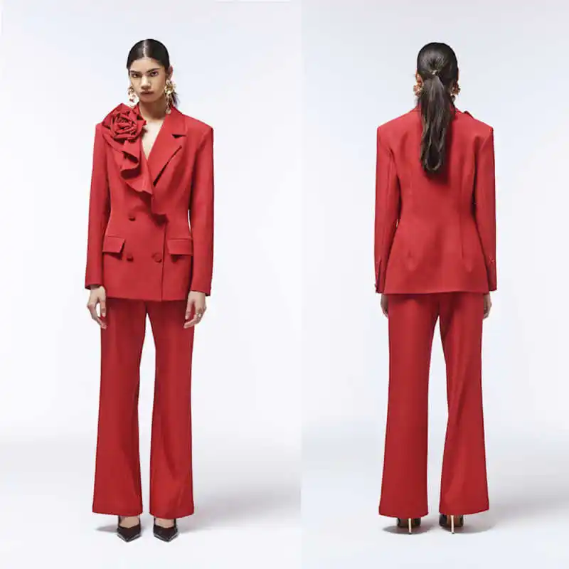Exquisite Women Suits 2 Piece Blazer Pants Double Breasted Hand Made Flowers Banquet Party Occasion Customized