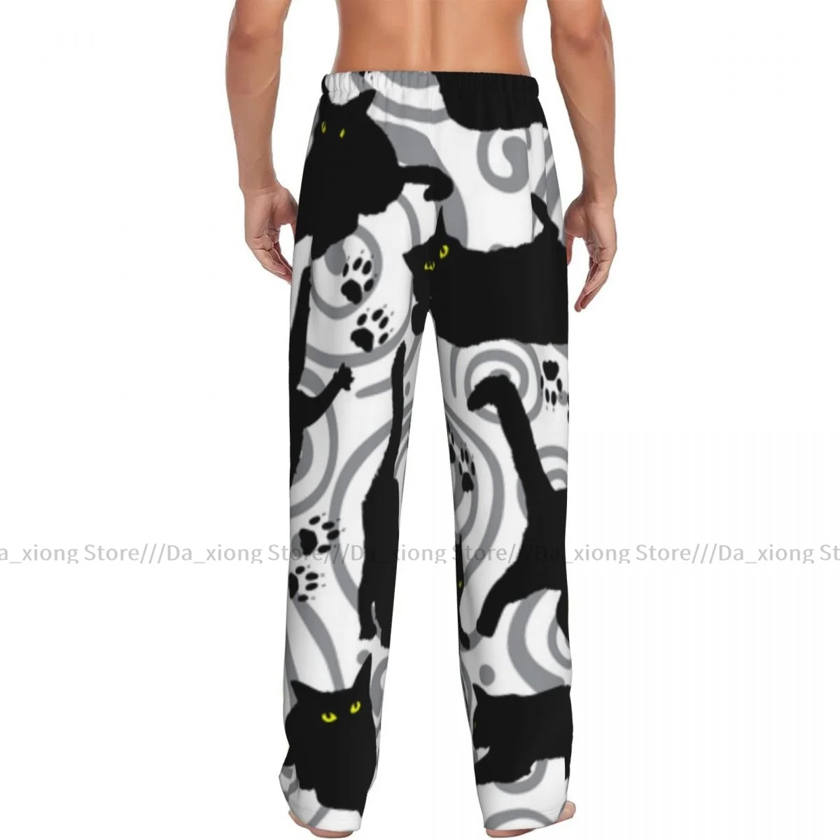 Mens Casual Pajama Long Pant Loose Elastic Waistband Black Cat Pattern Cozy Sleepwear Home Lounge Pants