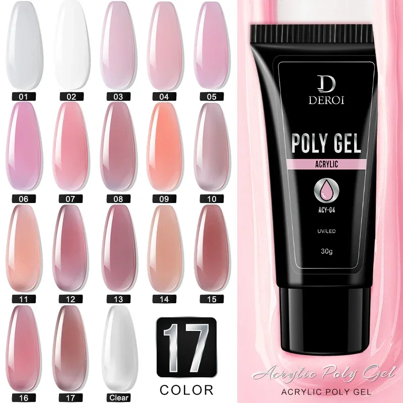 DEROI Crystal Poly Nail Gel Acrylic Natural Pink Semi Permanent UV Liquid Extension Hybrid Varnish Top Coat Buider Nail Gel 30ml