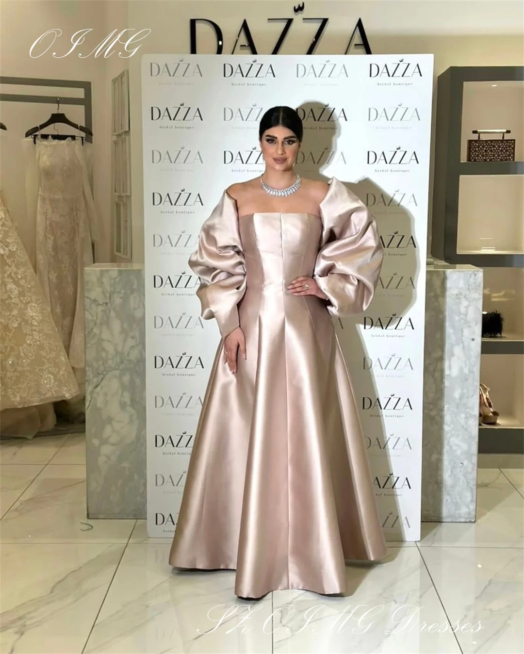 

OIMG Gorgeous Off Shoulder Prom Dresses Saudi Arabic Women Satin Champagne Vintage Evening Gowns Occasion Formal Party Dress