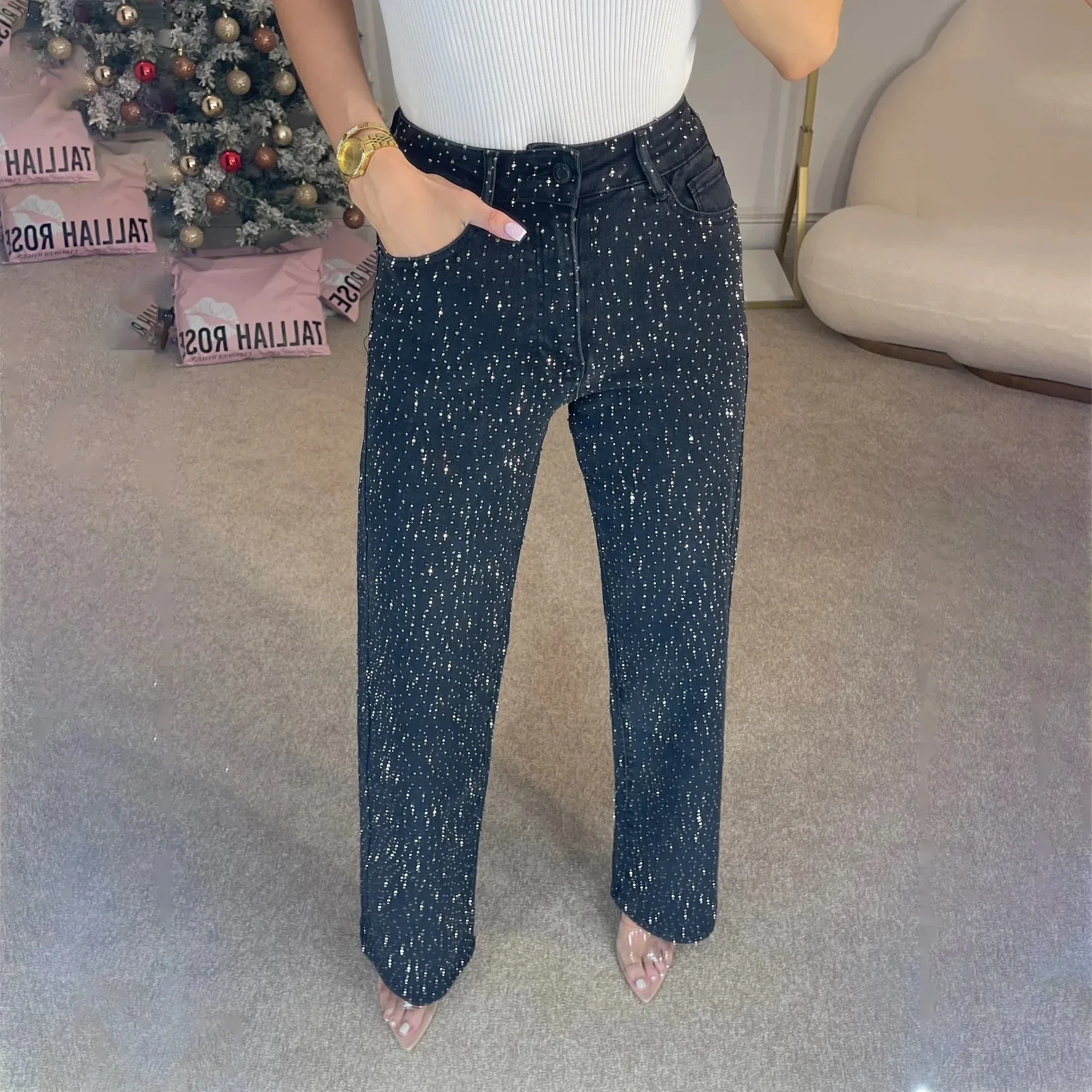 Straight Jeans for Women Diamonds Pants Stretch High Waist Washed Distressed Pockets Vintage Denims Streetwear Female Trousers