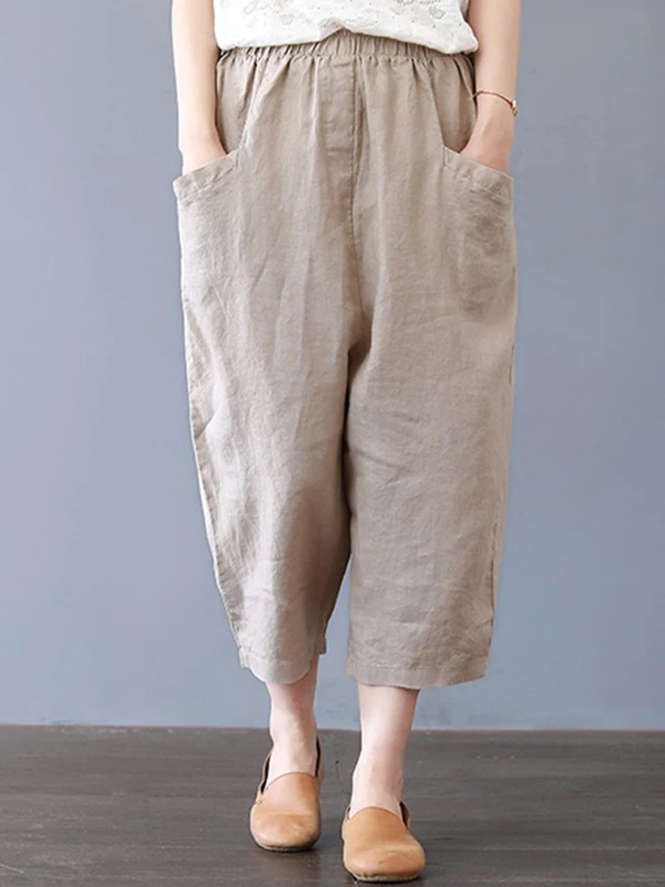 ZANZEA-Pantalones largos tipo caftán para mujer, pantalón bombacho liso con cintura elástica, estilo Palazzo, informal, de gran tamaño, de algodón,